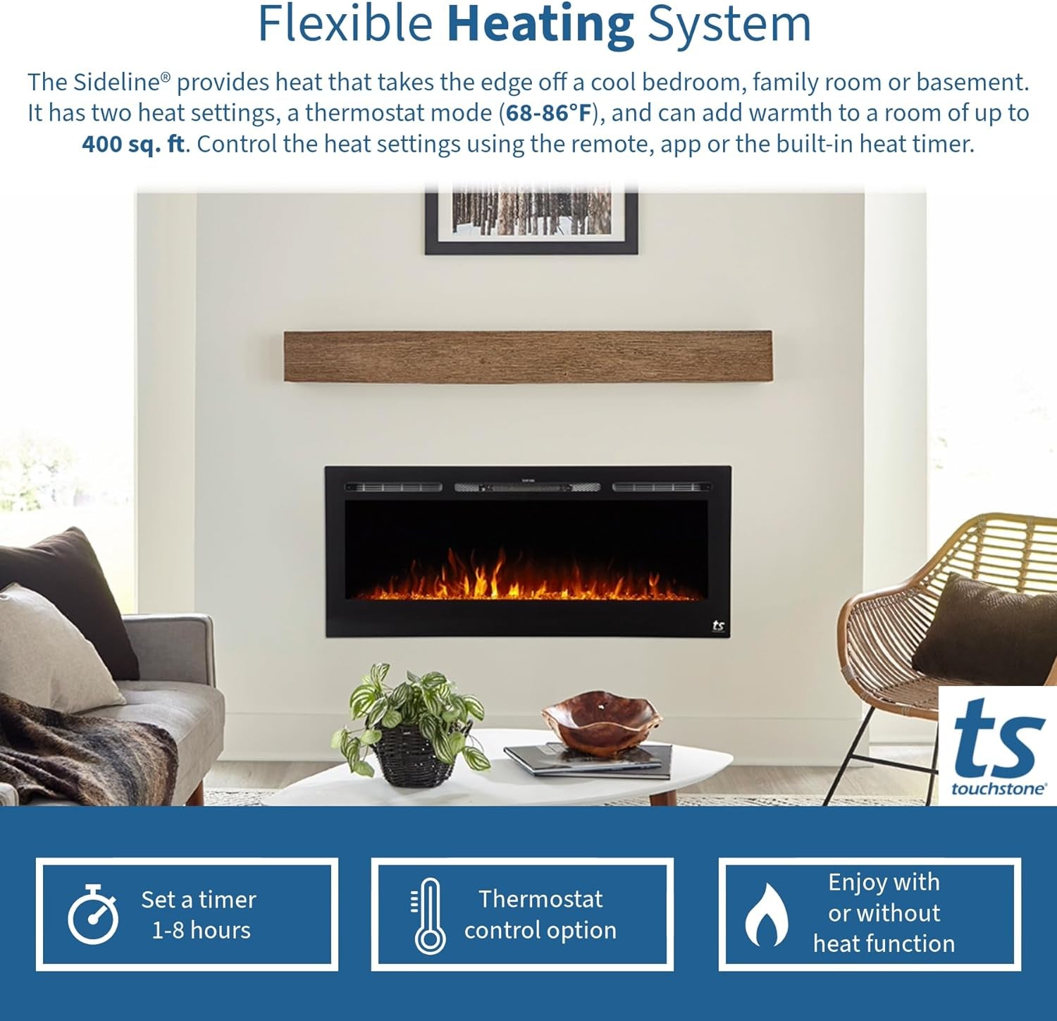 Touchstone Forte 40" Smart Electric Fireplace — Recessed Wall Mount, 30 Flame & Ember Options, 1500W Heater, Alexa & WiFi, Log & Crystal Hearth