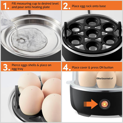 Easy Egg Cooker EGC115B - Perfectly Cook 7 Eggs to Soft, Medium, or Hard-Boiled with Auto Shut-Off & Measuring Cup - BPA Free, Classic Black