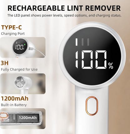 Rechargeable Fabric Shaver & Lint Remover - Portable Electric Sweater Defuzzer with 3 Speeds, 6 Blades & LED Display for Effortless Pilling Removal on Clothes, Furniture & Blankets