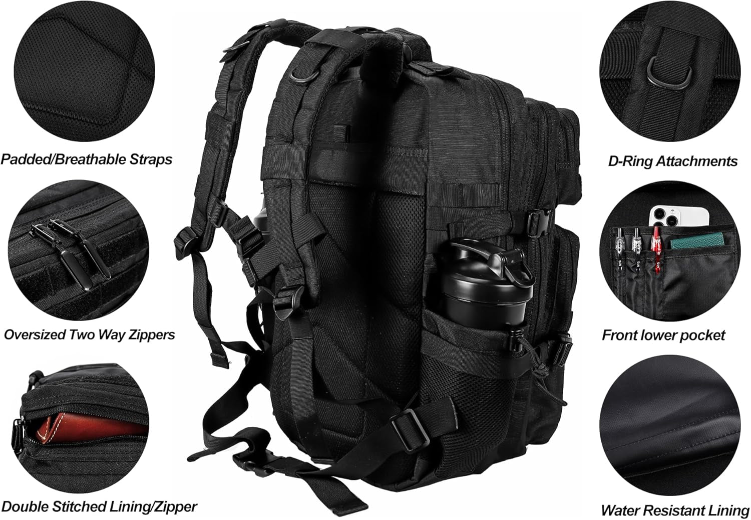 45L Military Tactical Backpack - Versatile Army Assault Pack for Men & Women with Molle System - Large Rucksack in Black