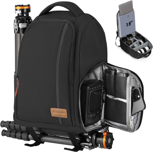 Camera Backpack for Photographers - Compact Camera Bag with 15 Inch Laptop Compartment - Side Access Quick Draw - Anti-Theft Hidden Pocket Tripod Holder Rain Cover - TB04 Black