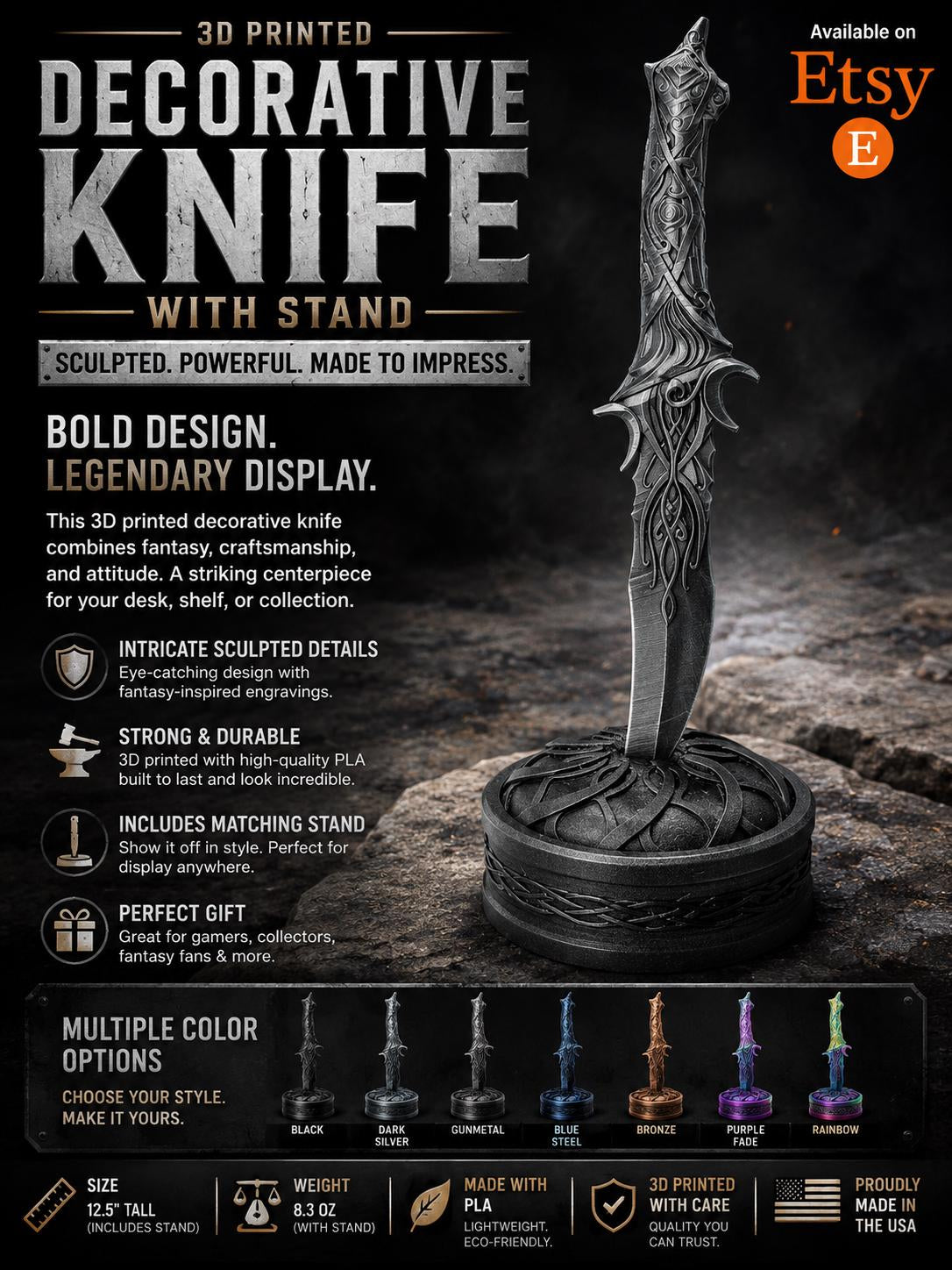 Vibrant 3D Printed Decorative Knife with Elegant Stand - Unique Sculpted Design