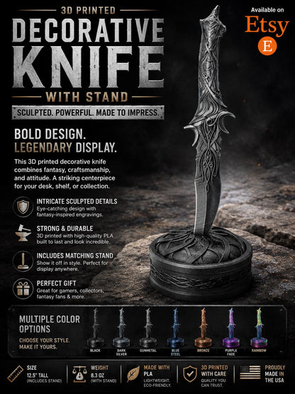 Vibrant 3D Printed Decorative Knife with Elegant Stand - Unique Sculpted Design