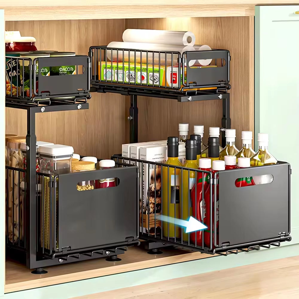 Adjustable 2-Tier Pull-Out Cabinet Organizer - Under Sink & Spice Jar Storage Rack with Slide-Out Drawer