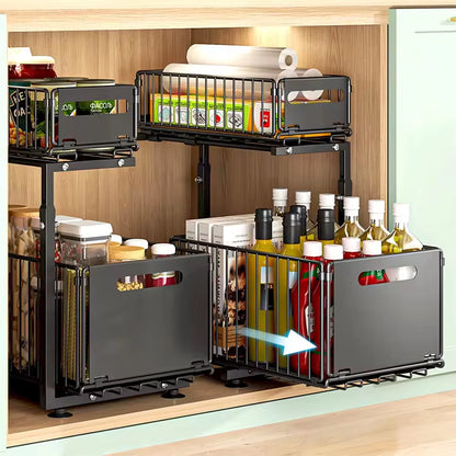 Adjustable 2-Tier Pull-Out Cabinet Organizer - Under Sink & Spice Jar Storage Rack with Slide-Out Drawer