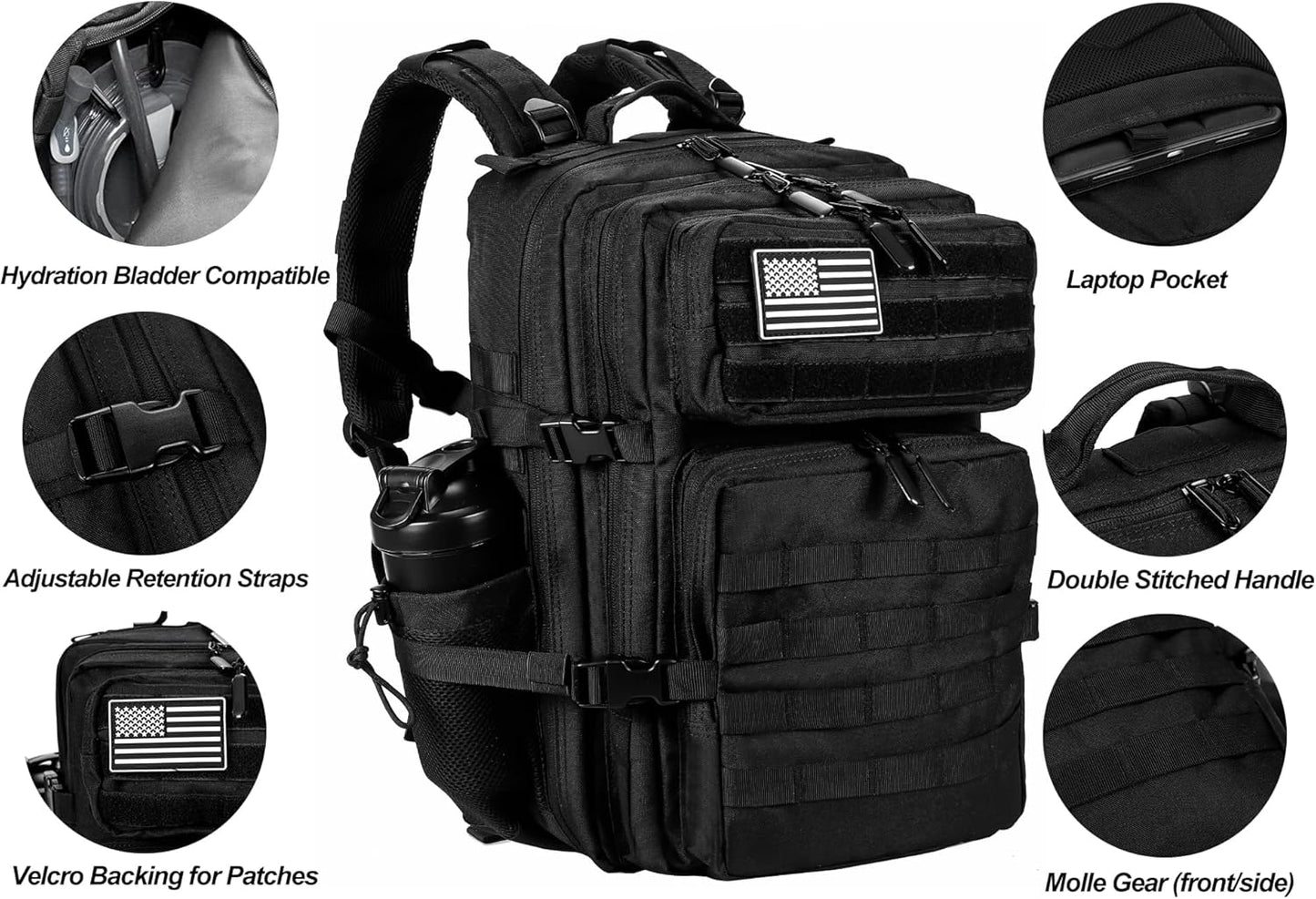 45L Military Tactical Backpack - Versatile Army Assault Pack for Men & Women with Molle System - Large Rucksack in Black