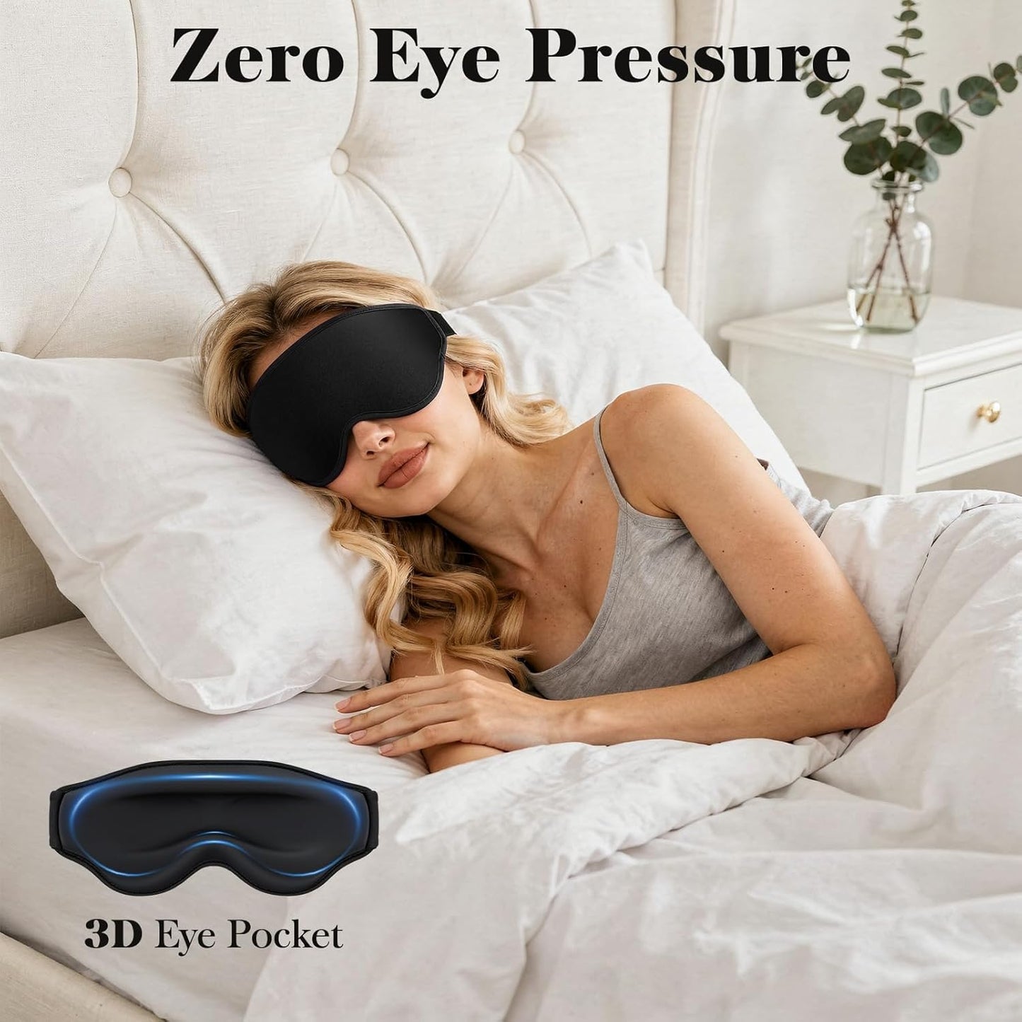 Ultimate 3D Sleep Mask for Men & Women - 100% Pressure-Free, Light-Blocking Eye Cover with Adjustable Strap for Travel and Relaxation - Black