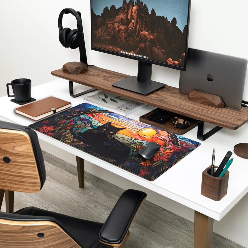 Black Cat Vintage Sunset XXL Gaming Desk Mat — 31.5 x 15.7 Inch, Stitched Edges, Non-Slip Rubber Base, Keyboard & Mouse Pad for Gaming & Office