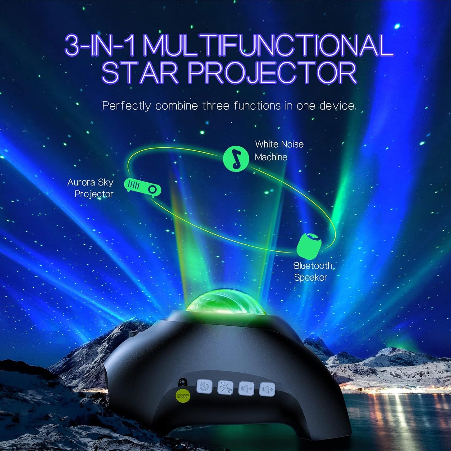 Aurora Galaxy Projector – Cosmic Room Light with White Noise & Bluetooth Speaker