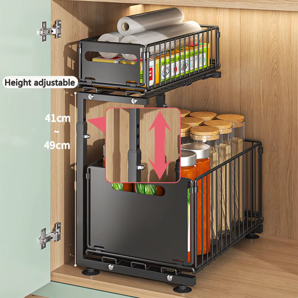 Adjustable 2-Tier Pull-Out Cabinet Organizer - Under Sink & Spice Jar Storage Rack with Slide-Out Drawer