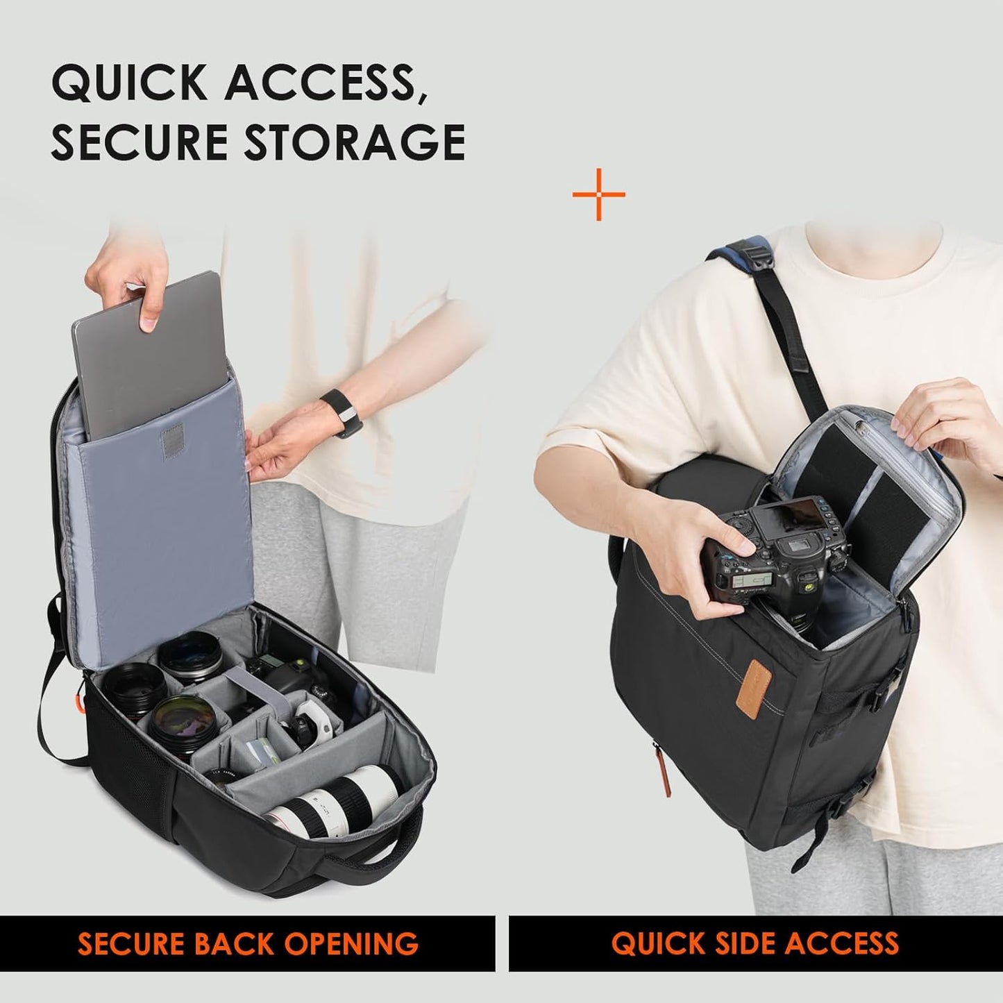 Camera Backpack for Photographers - Compact Camera Bag with 15 Inch Laptop Compartment - Side Access Quick Draw - Anti-Theft Hidden Pocket Tripod Holder Rain Cover - TB04 Black