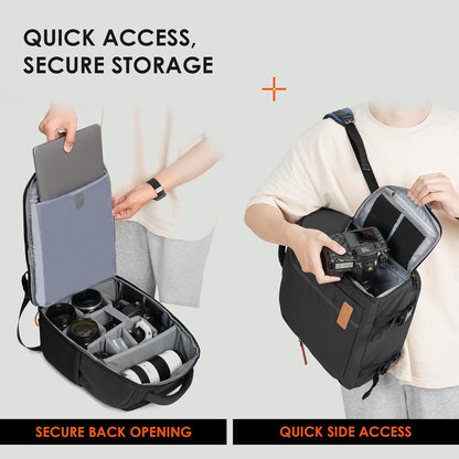 Camera Backpack for Photographers - Compact Camera Bag with 15 Inch Laptop Compartment - Side Access Quick Draw - Anti-Theft Hidden Pocket Tripod Holder Rain Cover - TB04 Black