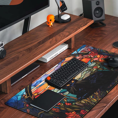 Black Cat Vintage Sunset XXL Gaming Desk Mat — 31.5 x 15.7 Inch, Stitched Edges, Non-Slip Rubber Base, Keyboard & Mouse Pad for Gaming & Office