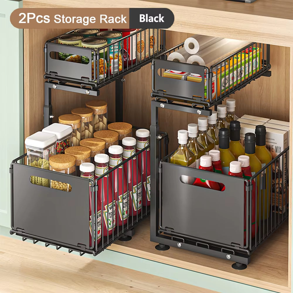 Adjustable 2-Tier Pull-Out Cabinet Organizer - Under Sink & Spice Jar Storage Rack with Slide-Out Drawer