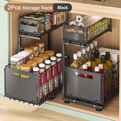 Adjustable 2-Tier Pull-Out Cabinet Organizer - Under Sink & Spice Jar Storage Rack with Slide-Out Drawer