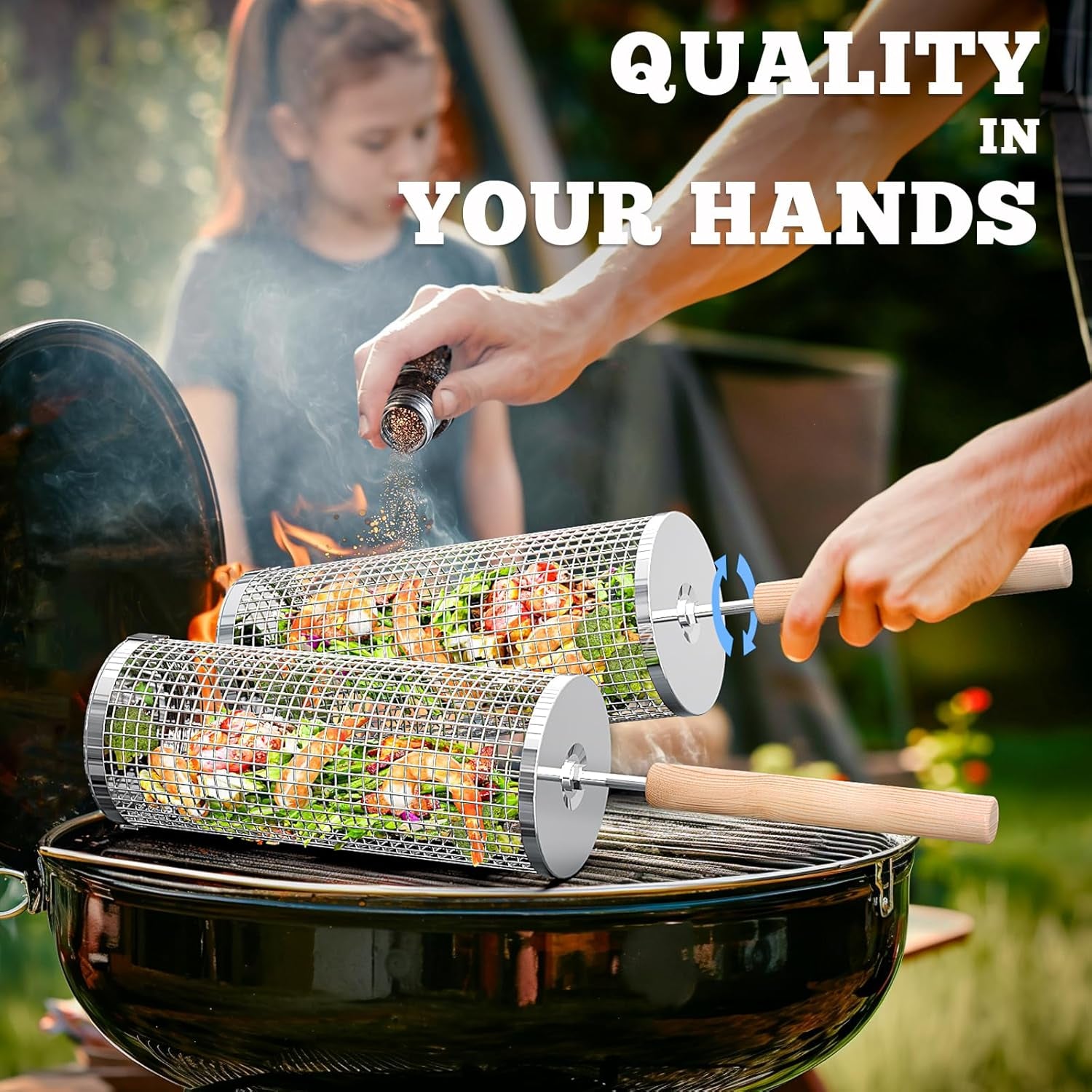 Rolling Grill Basket Set – Stainless Steel BBQ Baskets with Removable Wooden Handles