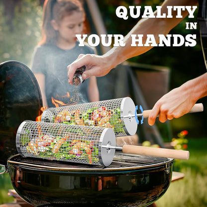 Rolling Grill Basket Set – Stainless Steel BBQ Baskets with Removable Wooden Handles