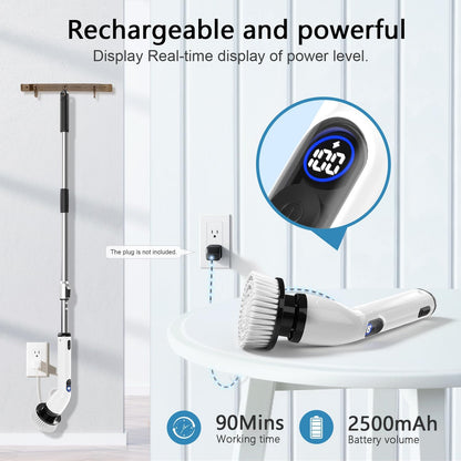 Powerful Electric Spin Scrubber - Waterproof, Cordless Bathroom & Kitchen Cleaner with Adjustable Handle & LCD Display