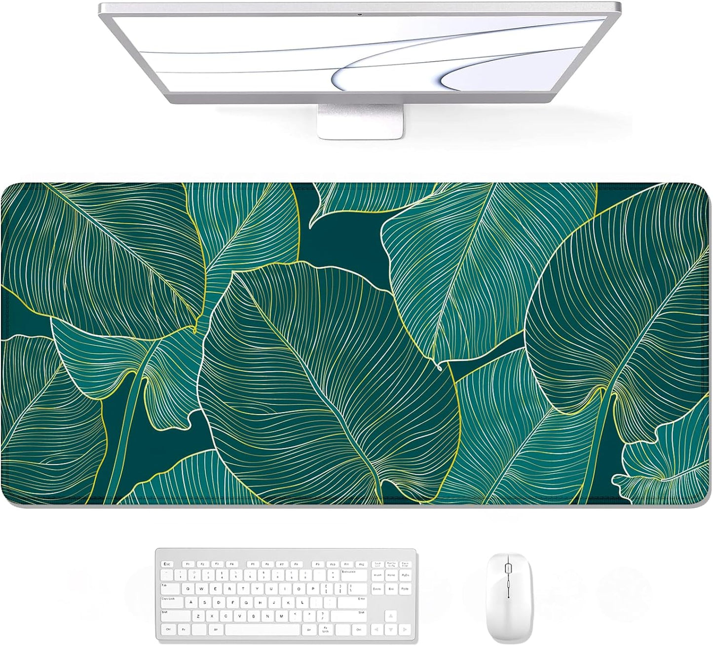 XL Extended Gaming Mouse Pad 31.5 x 11.8 Inch — Teal Tropical Leaves, Stitched Edges, Non-Slip Rubber Base, Waterproof, MOBA FPS RTS Compatible