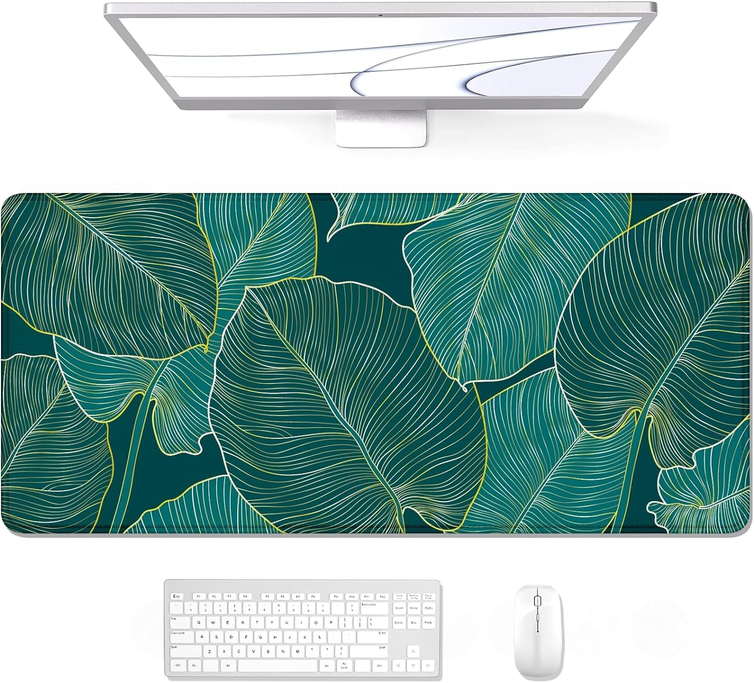 XL Extended Gaming Mouse Pad 31.5 x 11.8 Inch — Teal Tropical Leaves, Stitched Edges, Non-Slip Rubber Base, Waterproof, MOBA FPS RTS Compatible