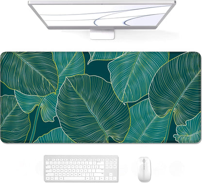 XL Extended Gaming Mouse Pad 31.5 x 11.8 Inch — Teal Tropical Leaves, Stitched Edges, Non-Slip Rubber Base, Waterproof, MOBA FPS RTS Compatible