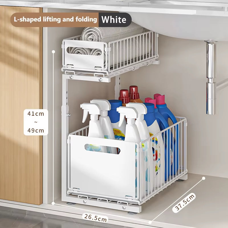 Adjustable 2-Tier Pull-Out Cabinet Organizer - Under Sink & Spice Jar Storage Rack with Slide-Out Drawer