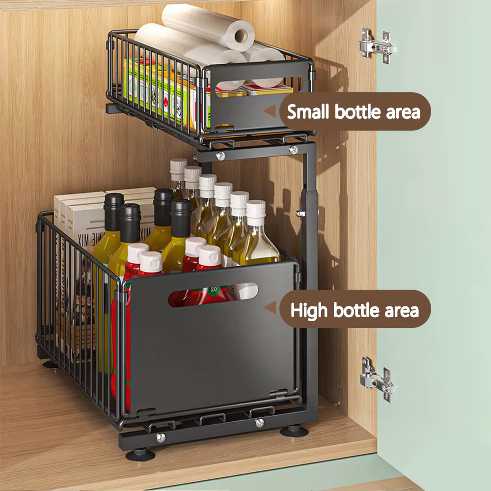 Adjustable 2-Tier Pull-Out Cabinet Organizer - Under Sink & Spice Jar Storage Rack with Slide-Out Drawer