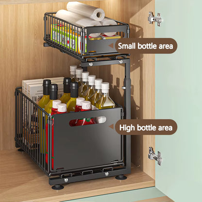 Adjustable 2-Tier Pull-Out Cabinet Organizer - Under Sink & Spice Jar Storage Rack with Slide-Out Drawer