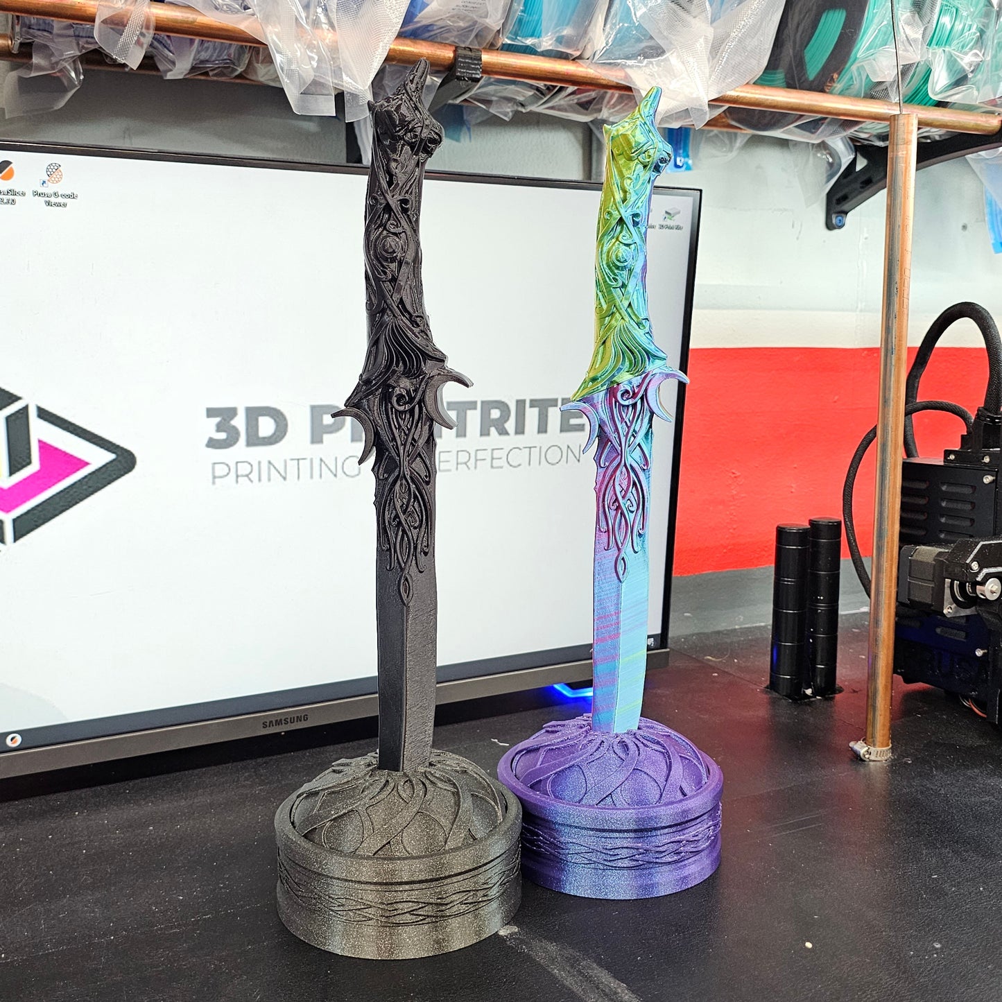Vibrant 3D Printed Decorative Knife with Elegant Stand - Unique Sculpted Design